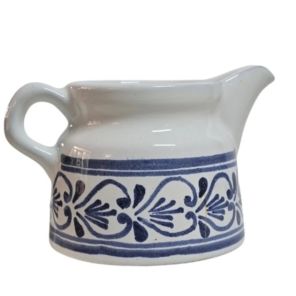 Vintage Varoslodi Majolik Hungary Blue White Ceramic Milk Creamer Pitcher 5in